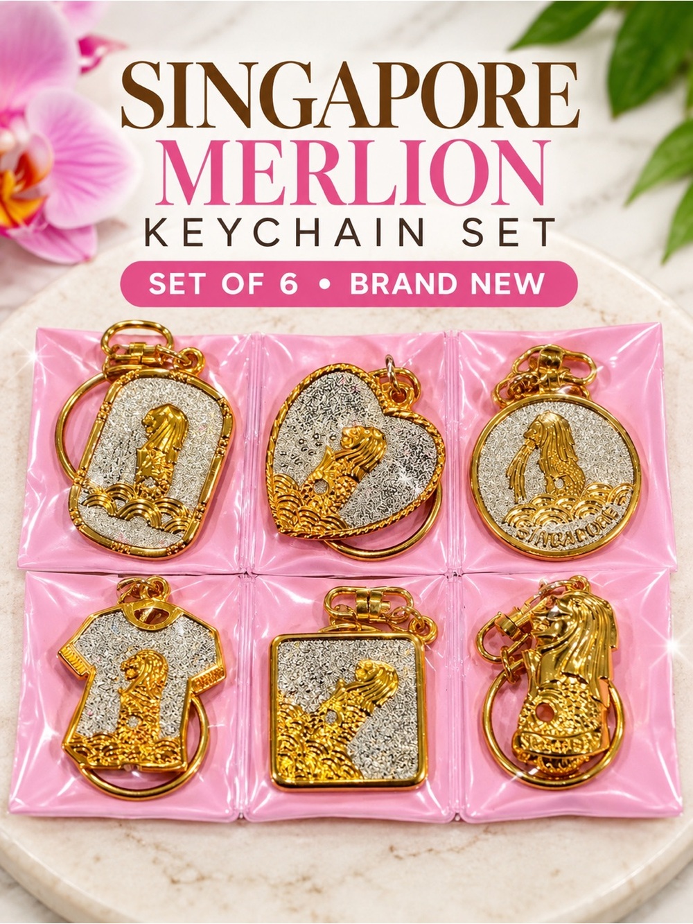 Singapore Merlion Keychain Set of 6 Gold Souvenir Bag Charms